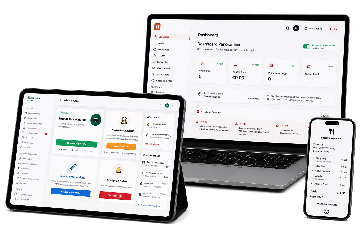 Servora su computer, tablet e smartphone — dashboard, HACCP e scontrino